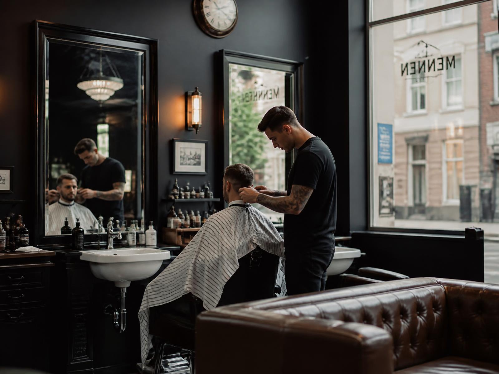 Barber die een klant knipt in een moderne barbershop in Amsterdam