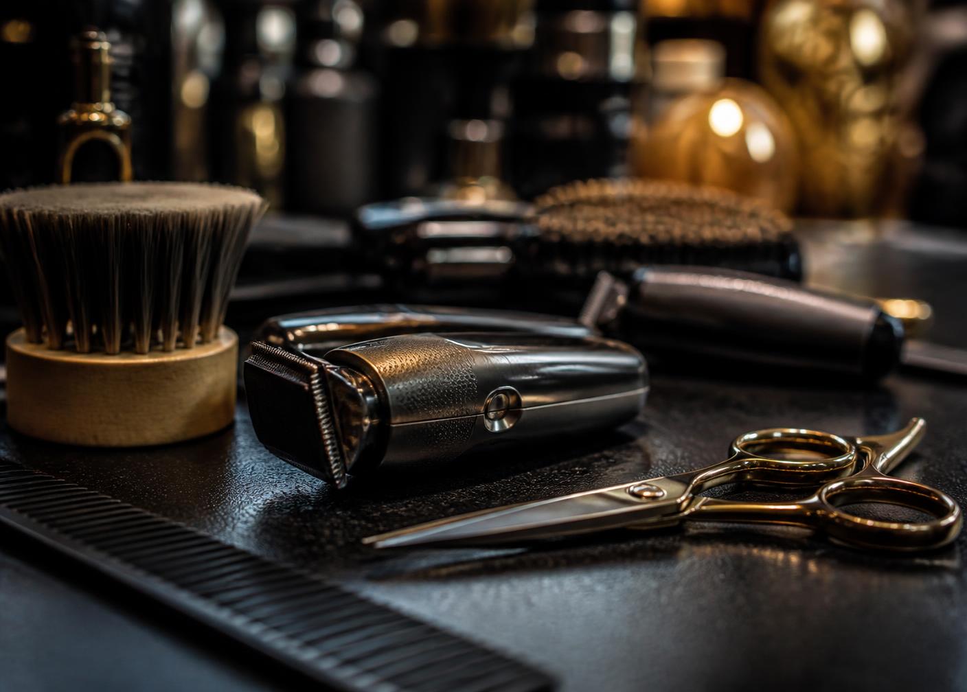 Barbergereedschap op een donkere werkbank